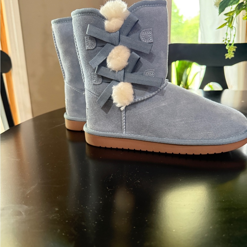 Koolaburra Blue Suede Boots with Pom Poms